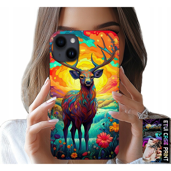 Telefontok, World Case, iPhone 15 Plus, színes szarvas minta, szilikon