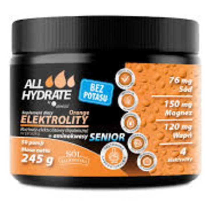 Supliment alimentar Aliness ALLHydrate Elektroliti Senior fara potasiu, aroma portocala, 245 g, 50 portii