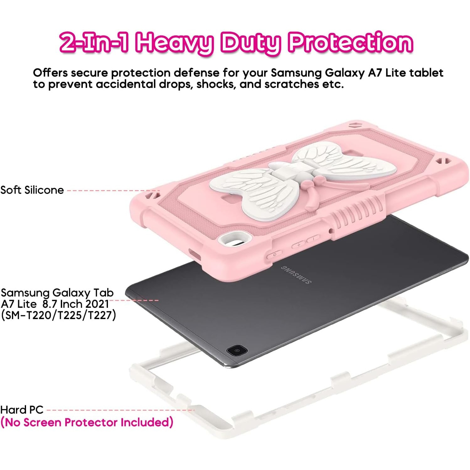 Husa Shockproof Armor pentru Samsung Galaxy Tab A7 Lite(SM-T220/T225), 8.7", Sigloo, stand Fluture, Protectie 360, Roz