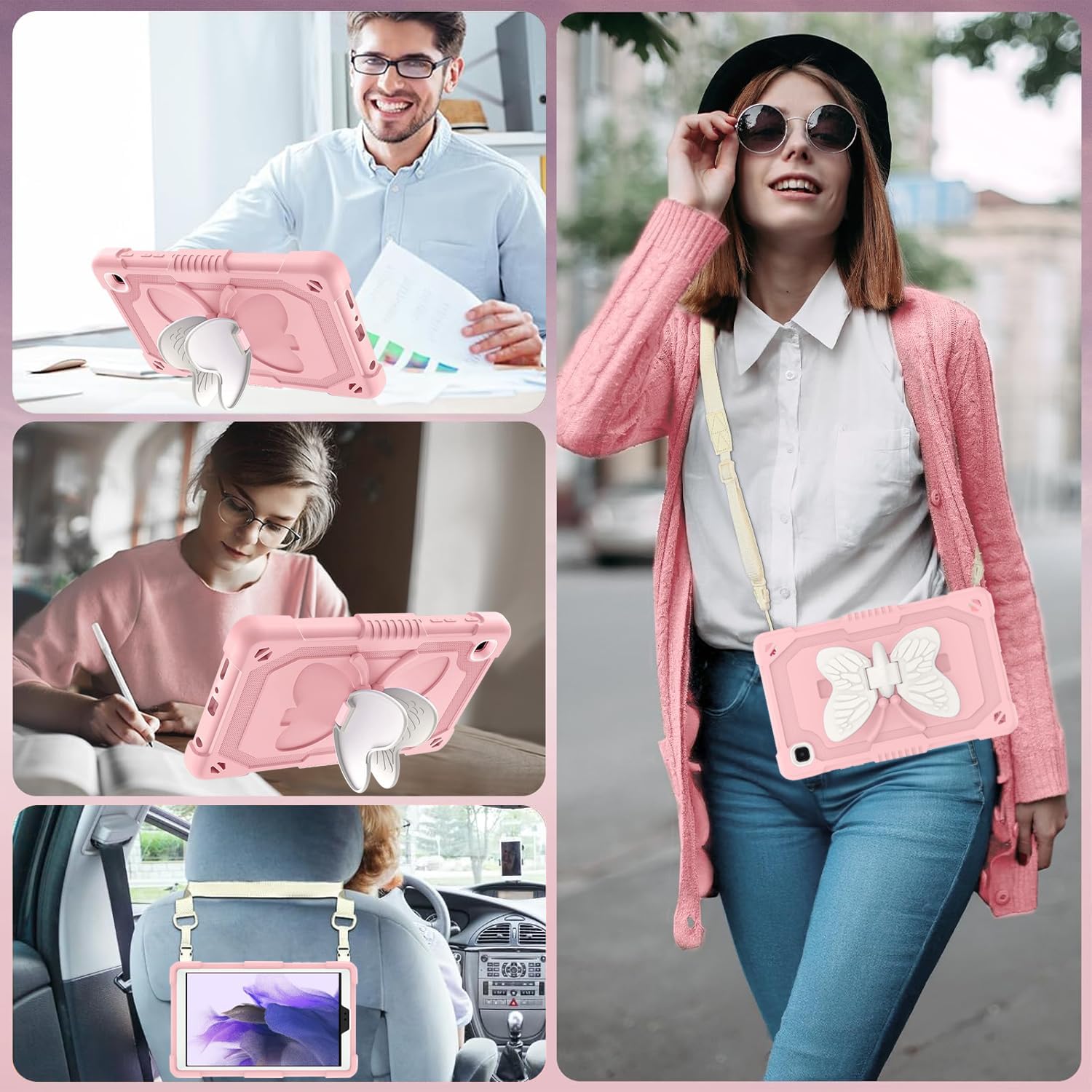 Husa Shockproof Armor pentru Samsung Galaxy Tab A7 Lite(SM-T220/T225), 8.7", Sigloo, stand Fluture, Protectie 360, Roz