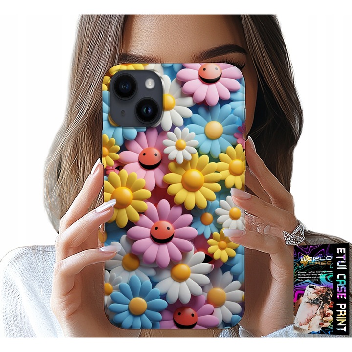 Huzat iPhone 14-hez, World Case, színes virágokkal, szilikon anyagból, kiegészítő szett