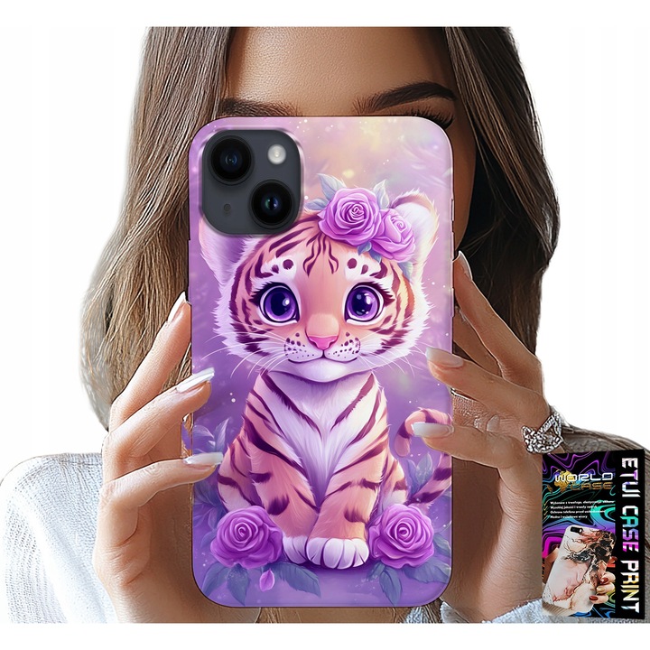 Carcasă pentru iPhone 13, World Case, tigru pe fond roz, silicon, set cu sticlă temperată