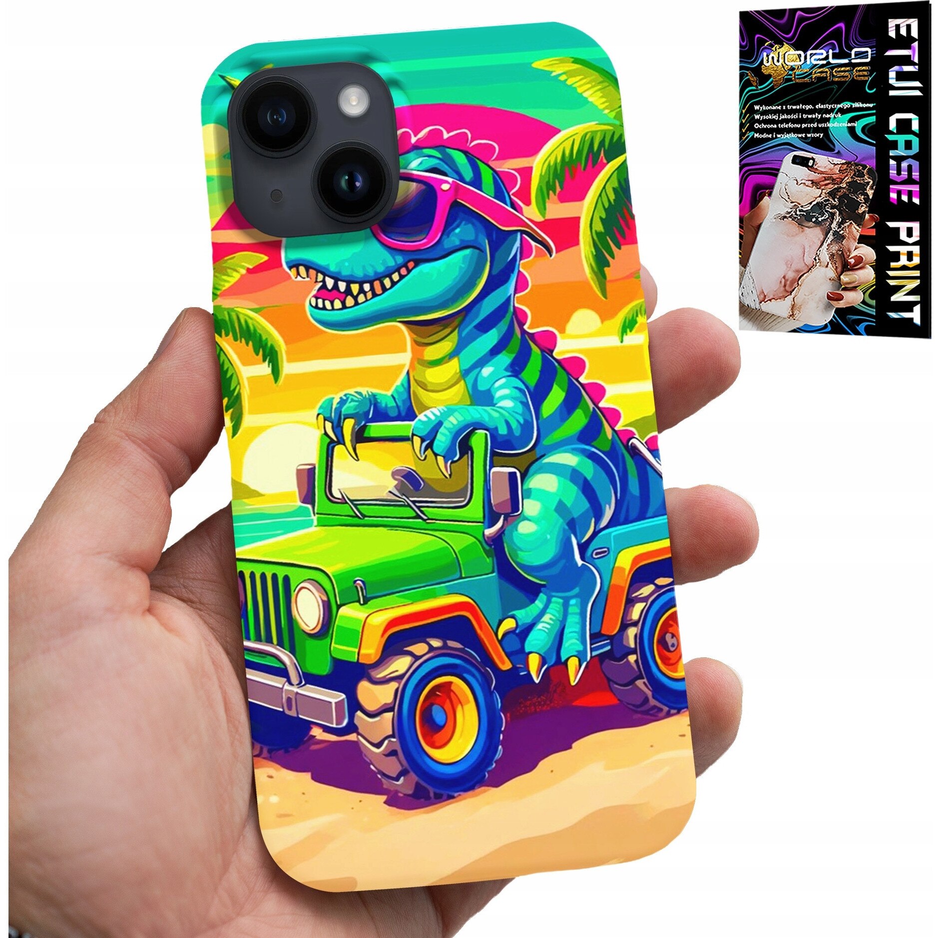 Carcasa pentru iPhone 14, World Case, dinozaur într-un camion