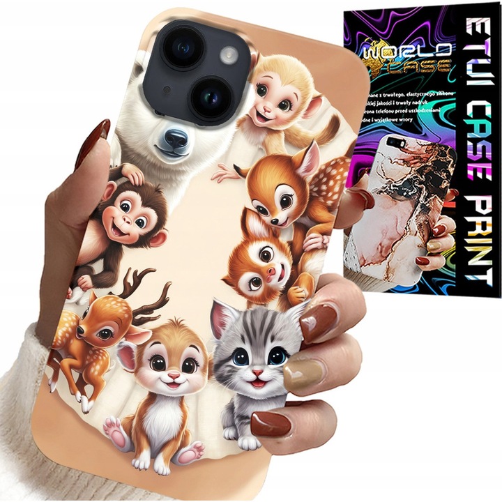 Caz pentru iPhone 13, World Case, animale din pădure, silicon, multicolor