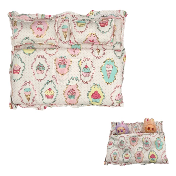 Спално бельо, съвместимо с Labubu 17 см или други кукли, памук, качествен материал, две възглавници и комплект спално бельо и завивка, 40 x 32 см