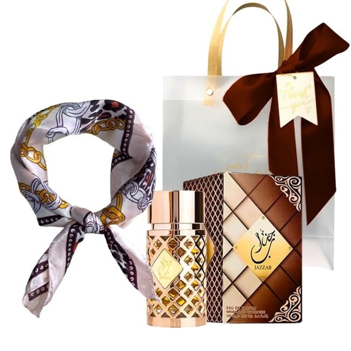 Set cadou Ard Al Zaafaran Jazzab Gold, Apa de Parfum, Femei, 100 ml + esarfa satinata