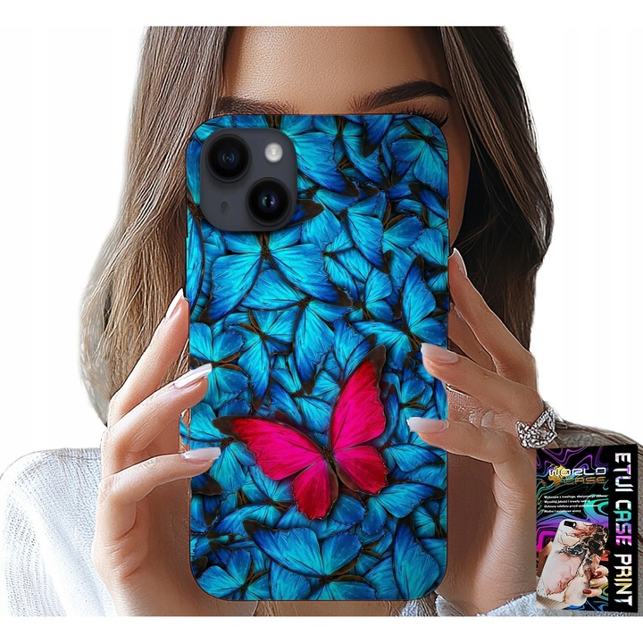 Tok iPhone 15-höz, World Case, kék pillangó, szilikon