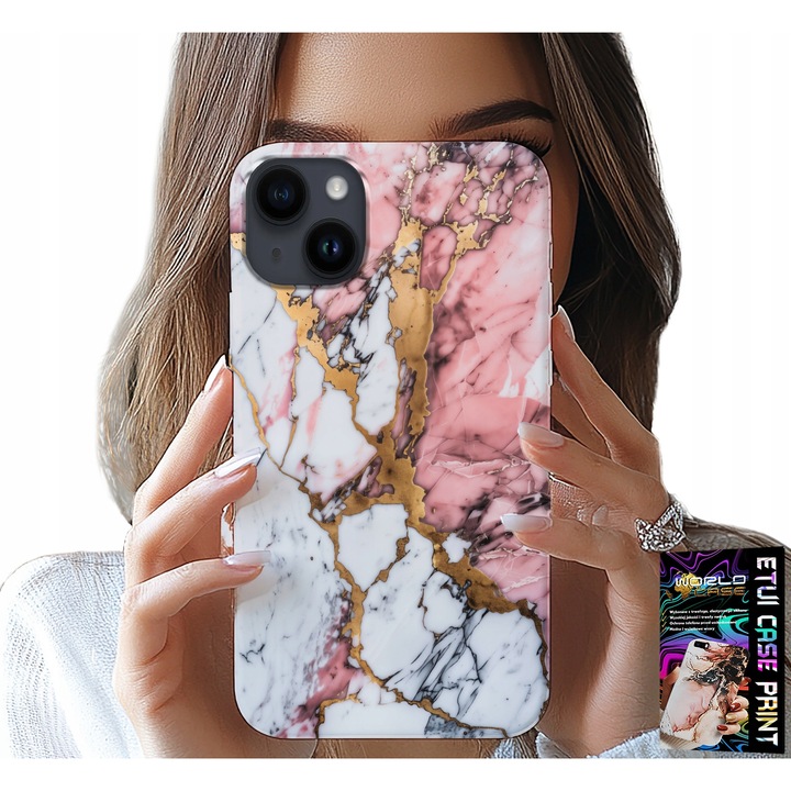 iPhone 15 tok, World Case, rózsaszín és fehér márvány, szilikon, hatékony védelem