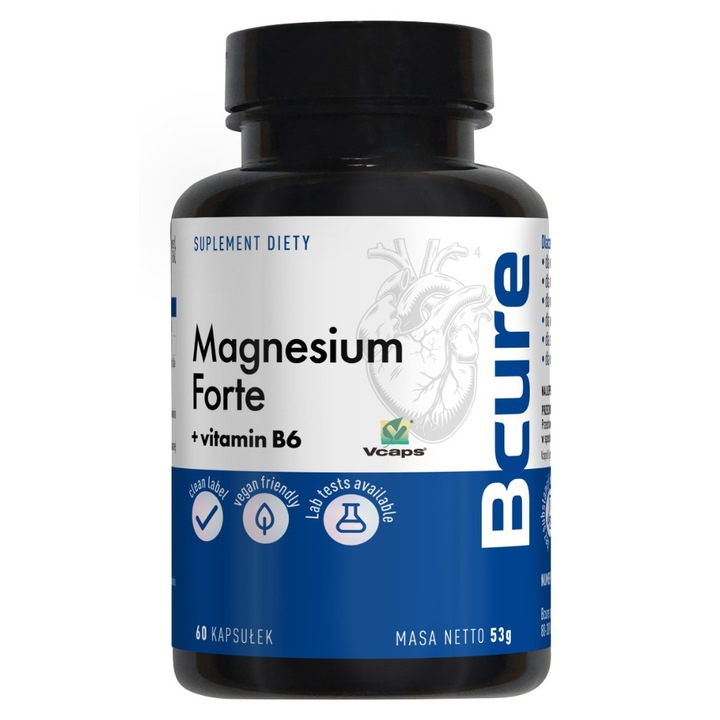 Supliment BCure Magnez Forte + Vitamina B6, 60 capsule, 200mg magneziu, 2.5mg vitamina B6