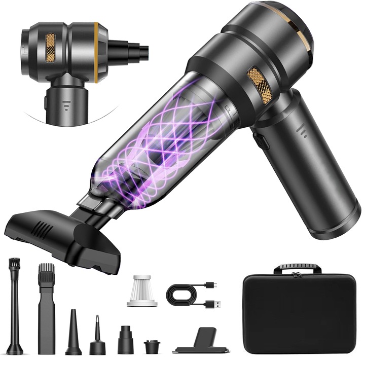 Aspirator Auto 7 in 1 Portabil, Runex®, Model Airo, 16000 PA, Baterie 6000mAh, Autonomie 30 minute, 100W