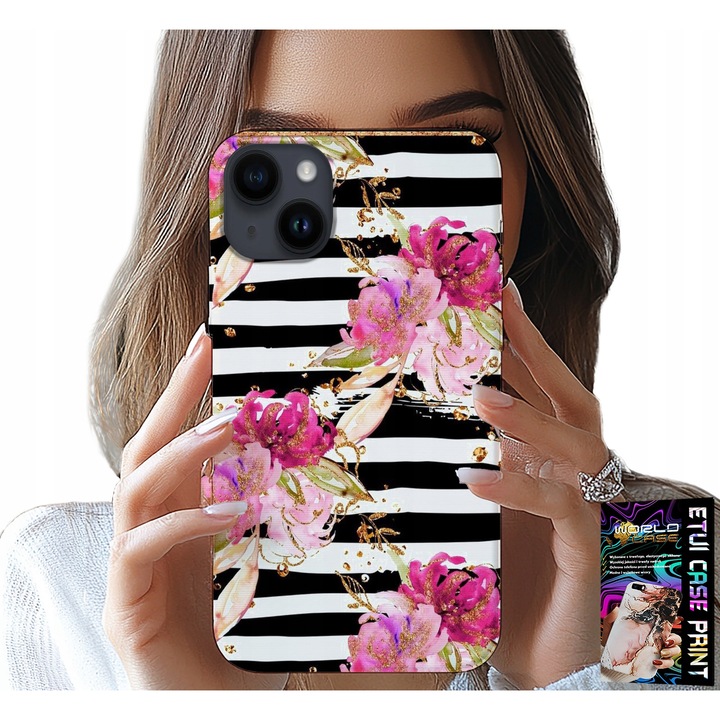 Telefontok, World Case, virágmintás, fehér és fekete csíkokkal, szilikon, iPhone 15 Plus modellhez