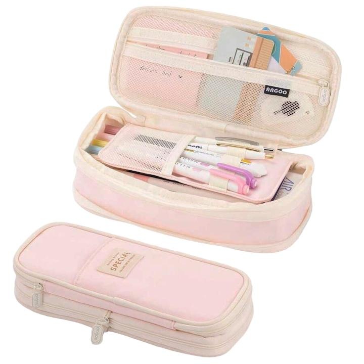 Penar scolar ANGOO, 1 Compartiment, Capacitate mare, Roz, 22x6.5x10.5cm