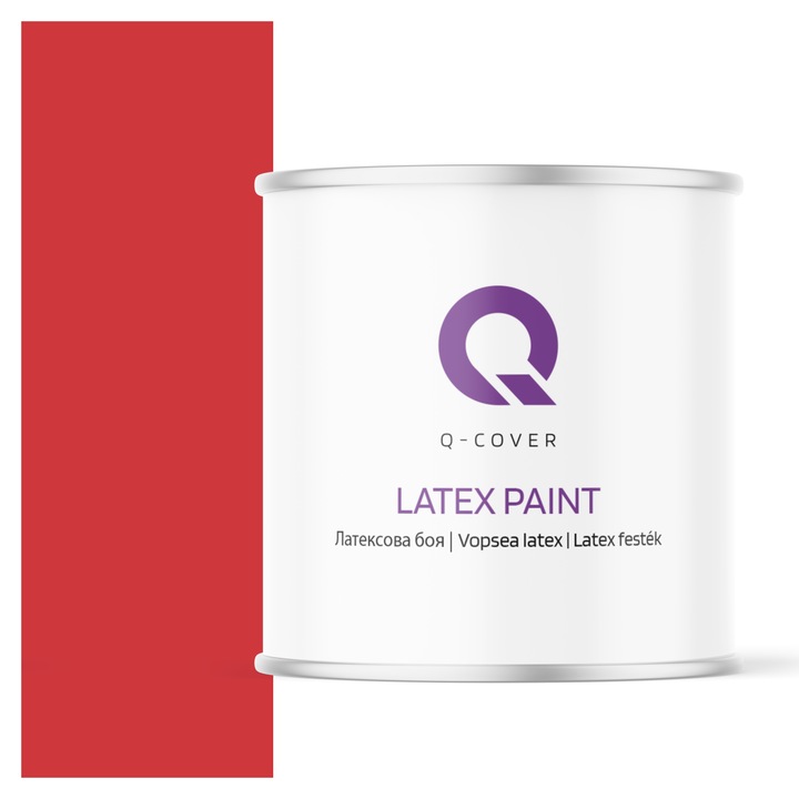 Vopsea latex, Q-Cover, Rosu aprins H3516, pentru interior, pe baza de apa, galeti de fier, usor de aplicat, rezistent la frecare, elimina reflexiile luminii, sigura pentru persoanele alergice, fara miros, tixotropa, Mat, 2L