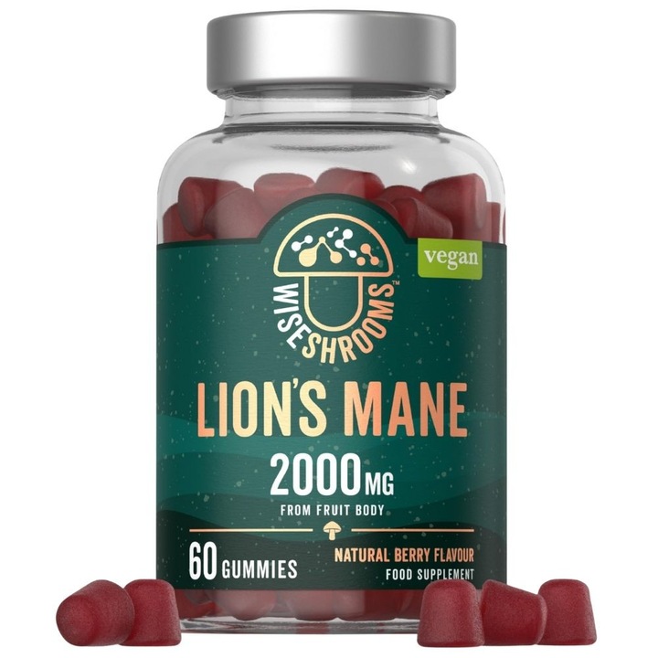 Supliment alimentar Wiseshrooms Lion's Mane 2000 mg, jeleuri cu aroma de fructe de padure, 60 bucati