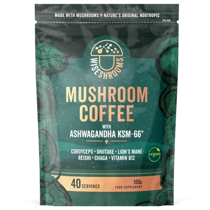 Cafea de ciuperci Wiseshrooms cu Ashwagandha KSM-66 - 100 g, Vegan, Fără aditivi