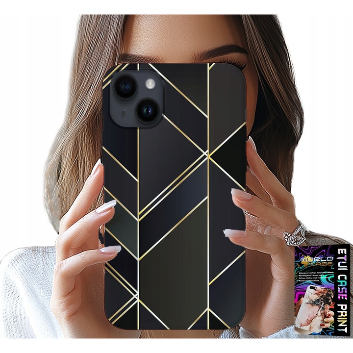 iPhone 14 Plus tok, World Case, szilikon, elegáns nyomtatás, arany keretek