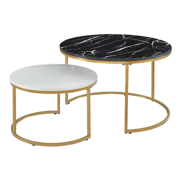 Set 2 masute cafea, en.casa, Titanic, efect marmura, negru si alb, 33x50cm si 45x70cm