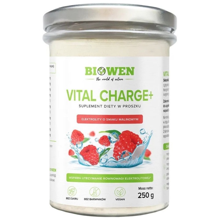 Хранителна добавка Biowen Vital Charge+, електролити, малина, 250 гр