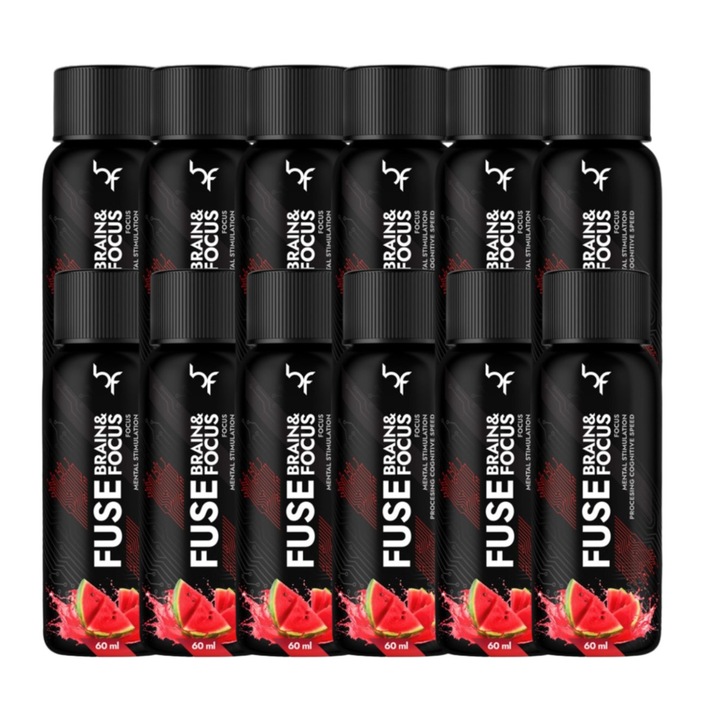 Set 12 suplimente BodyFuse Brain Shot, 60 ml, aroma de pepene rosu, 1000 mg N-acetyl L-tyrozyna, 150 mg extract de ashwagandha