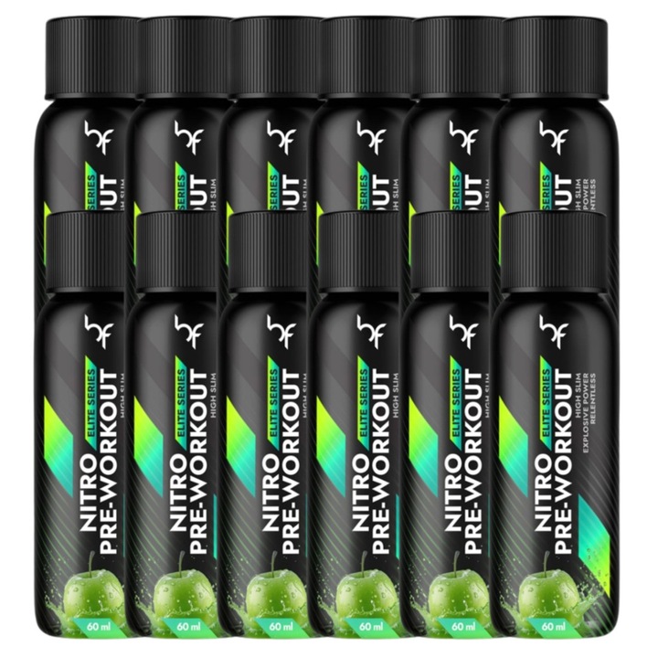 BodyFuse Nitro Shot set 12 x 60 ml, gust de mere, 800 mg beta alanina, 2000 mg taurina