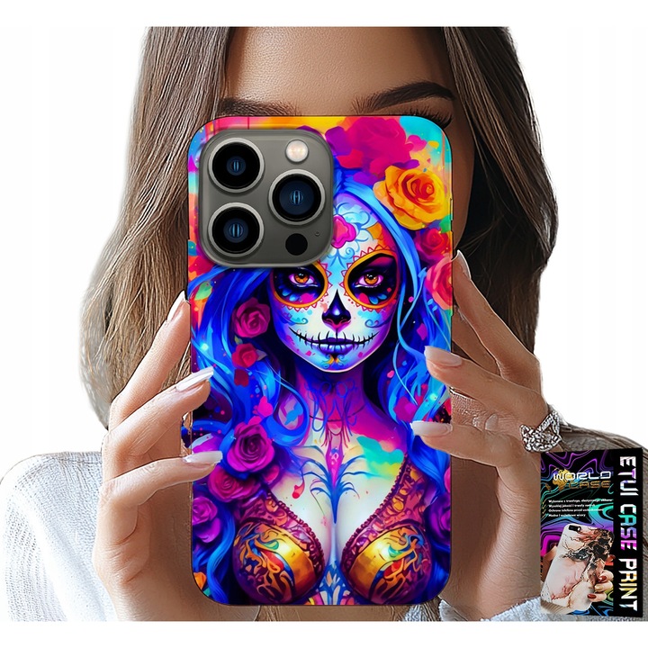 Husa pentru iPhone 15 Pro, World Case, design Regina Mexicană Colorată a Morții, silicon, multicolor