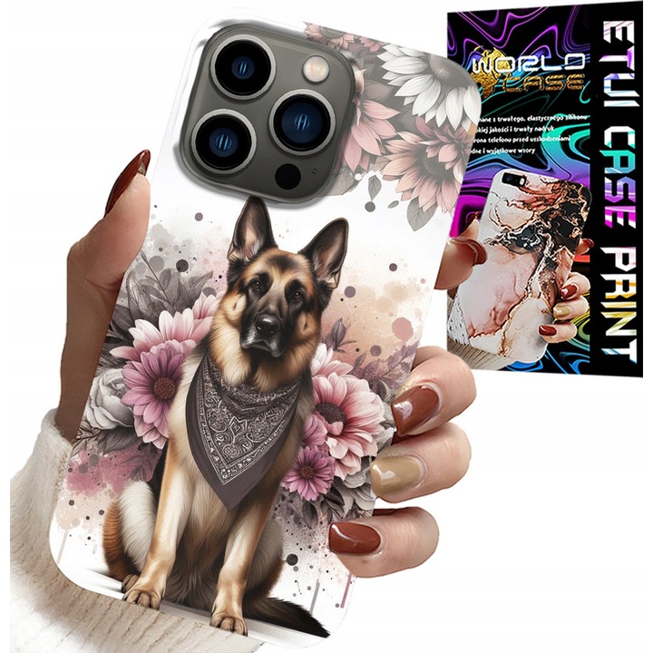 Tok iPhone 14 Pro-hoz, World Case, német juhászkutya nyomtatással, szilikon
