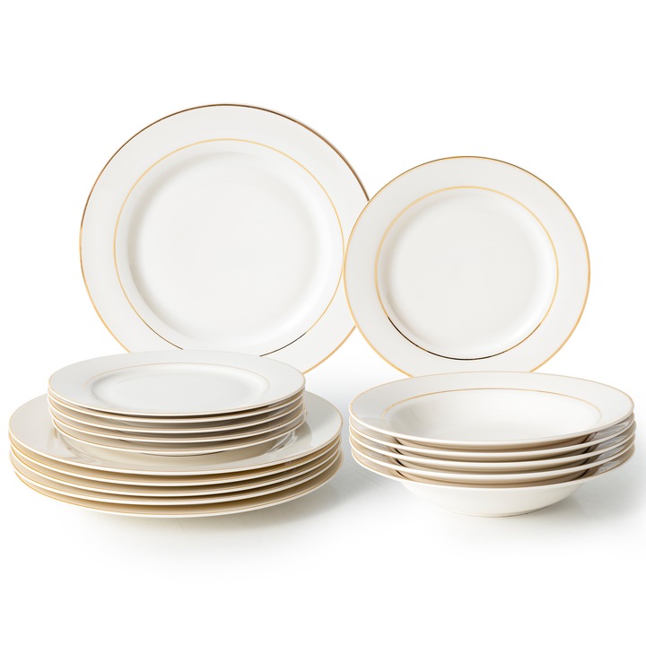 Set Serviciu de Masa Festa Italia, 18 Piese, Portelan Alb, pentru 6 Persoane, Farfurii Intinse, Adanci si Desert