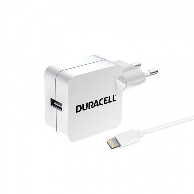Duracell, Incarcator pentru Calatorii cu un Singur Port USB 2.4A si Cablu MFI pentru iPhone de 1 m - Alb