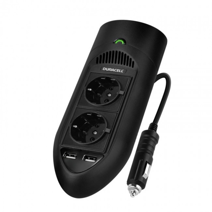 Duracell, Автоматичен инвертор от 12V към 220V и 2 USB порта, 2.4A 175W, Черен