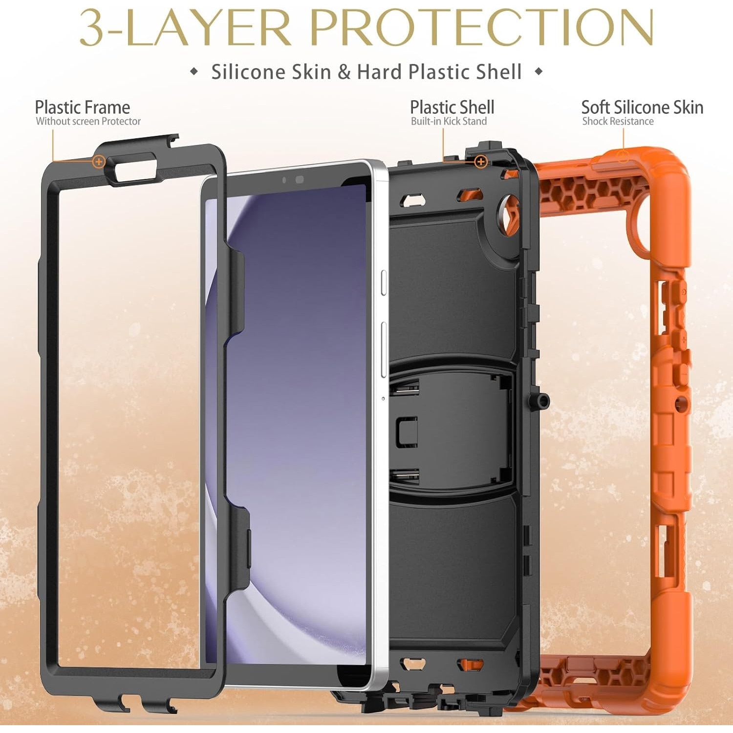Husa Shockproof Armor pentru Samsung Galaxy Tab A7 Lite(SM-T220/T225), 8.7", Sigloo, stand Built-in, Protectie 360, Portocaliu cu negru