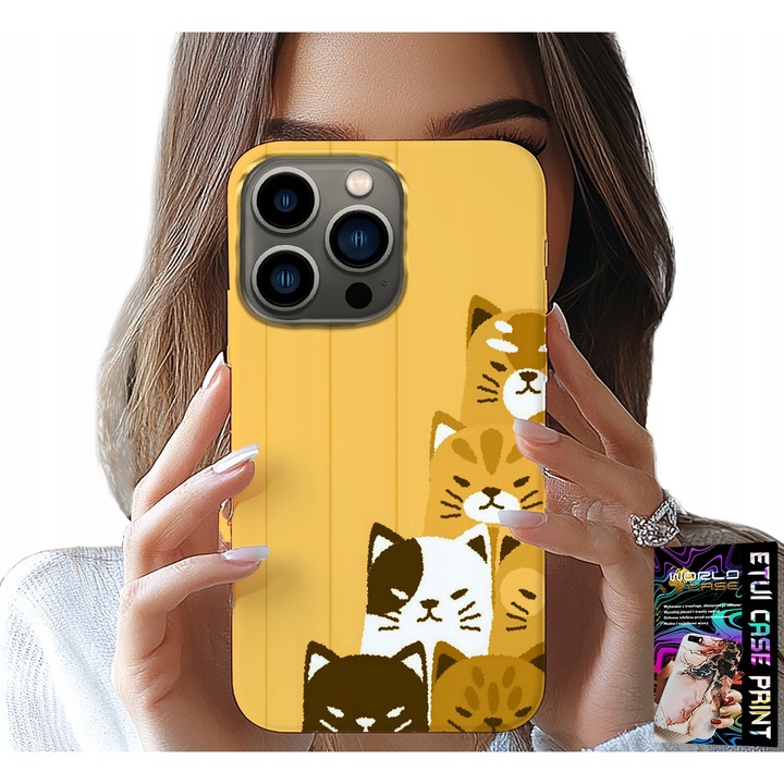Husă pentru iPhone 16 Pro Max, World Case, model cu pisici, set husa + sticlă, silicon