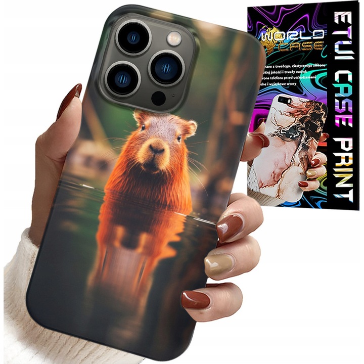 Etui silicon pentru iPhone 15 Pro Max, World Case, imprimeu Capybara, protecție, multicolor