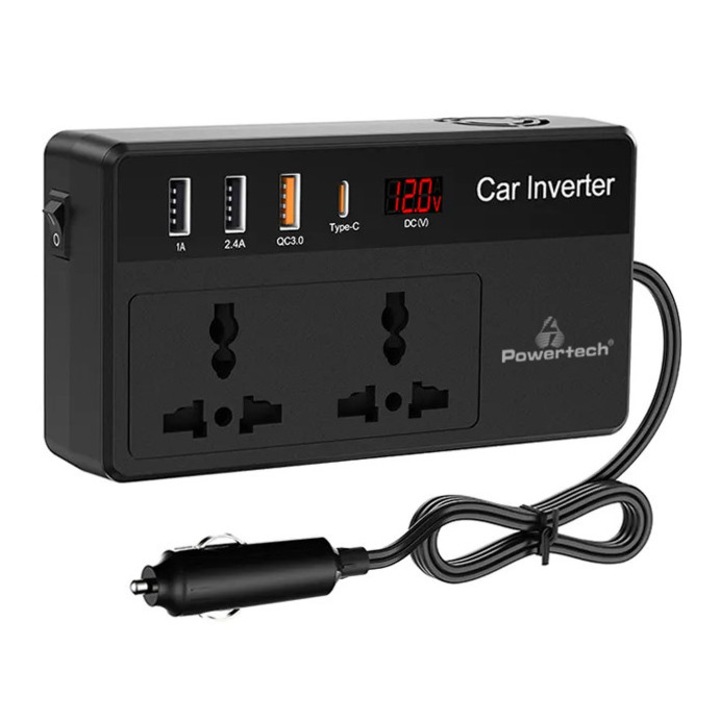 Инвертор за кола Powertech PTL-023, 200W, 12V DC към 220V AC, 3x USB, USB-C, 145x78x36.5mm