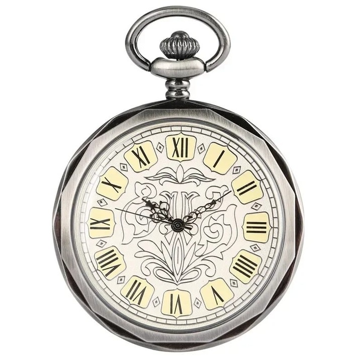 Ceas de buzunar Gorben PM007 Argintiu - Antique Skeleton, Mecanic, Afisaj cu Cifre Romane, Cu Lant Vintage Retro