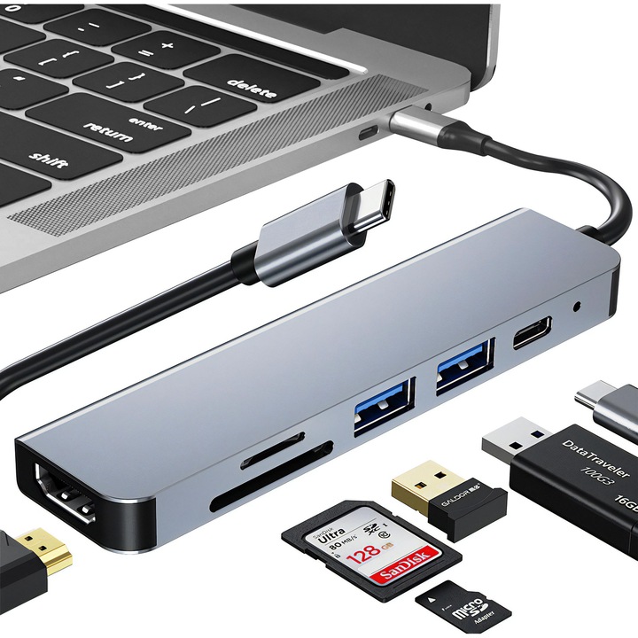 Хъб адаптер USB-C 6-в-1, HDMI 4K, 2 порта USB 3.0, четец за карти, сив