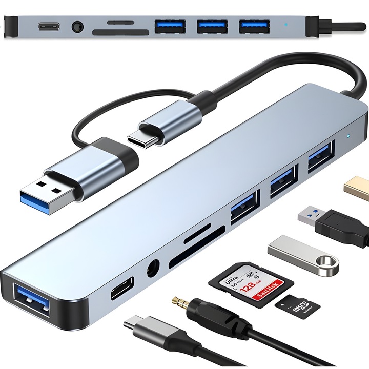 Адаптор ХЪБ Renew Force 8-в-1, 2x USB 3.0, 1x USB-C, 1x мини жак 3, 5 мм, сив, H5