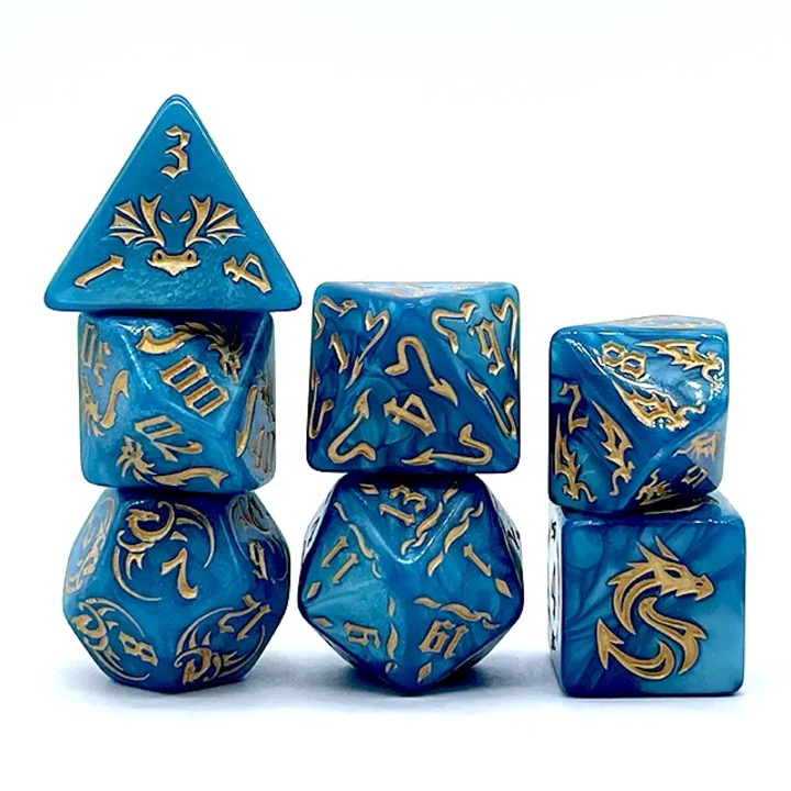 Set de zaruri RPG, Dragon, Abazigal, 7 piese, accesorii, pentru adulti, multicolor, plastic, dimensiuni k4: 2, 1 cm, k6: 1, 8 cm, k8: 1, 8 cm, k10: 1, 8 cm, k12: 1, 9 cm, k20: 2, 2