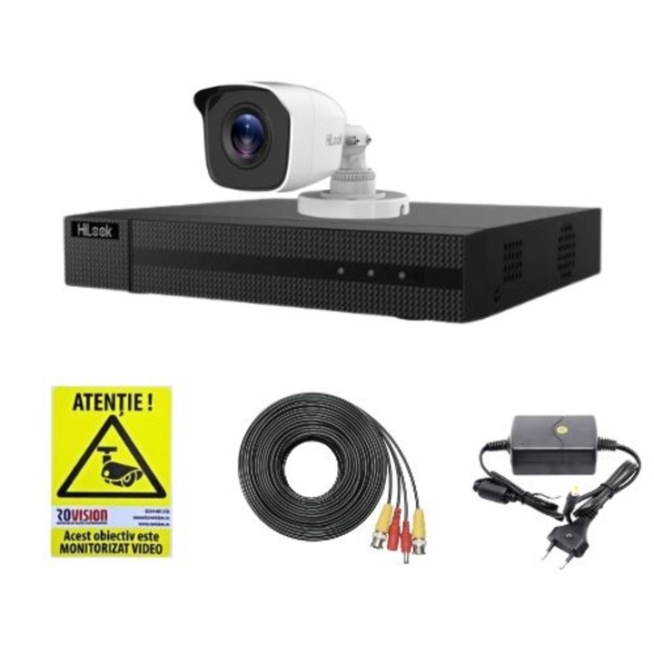 Hikvision HiLook megfigyelőrendszer szett, 1 db 2MP kamera, IR 20 m, 4 csatornás 2MP DVR, Rovision matrica
