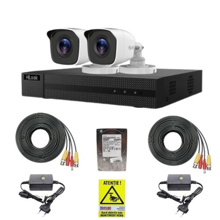 Hikvision HiLook megfigyelő szett, 2 db 2MP kamera, IR 20 m, 4 csatornás 2MP DVR, 500GB HDD, Rovision matrica