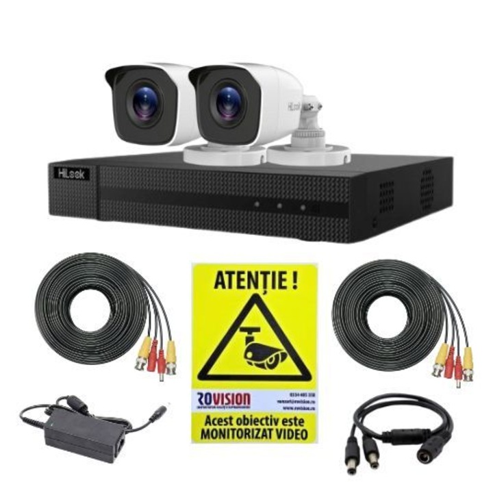 Hikvision HiLook megfigyelőrendszer szett, 2 db 2MP kamera, IR 20 m, 4 csatornás 2MP DVR, Rovision matrica