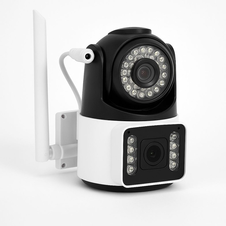 Camera Dubla de Supraveghere WiFi Smart, Exterior & Interior, Full HD 1080p, Viziune Nocturna Color, Rotire 360°, Zoom Digital, Audio Bidirectional, Detectare Miscare, Conectare Telefon, Stocare Card/Cloud, Instalare Usoara