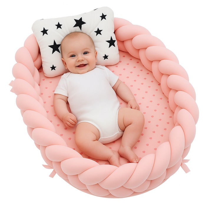 Cosulet cu perna pentru bebelusi, portabil, margini impletite Bumper, bumbac, roz, Funny Party Shop®