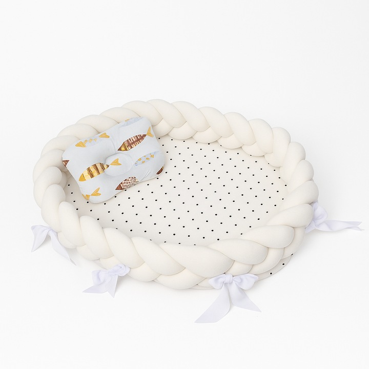 Cosulet cu perna cu pestisori pentru bebelusi, portabil, margini impletite Bumper, bumbac, alb, Funny Party Shop®