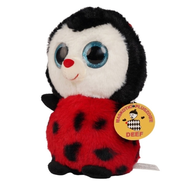 Jucarie de plus Buburuza cu ochi mari albastri cu sclipici, 25 cm, mascota cu snur, material catifelat, moale, ideal cadou copii, colectia insecte