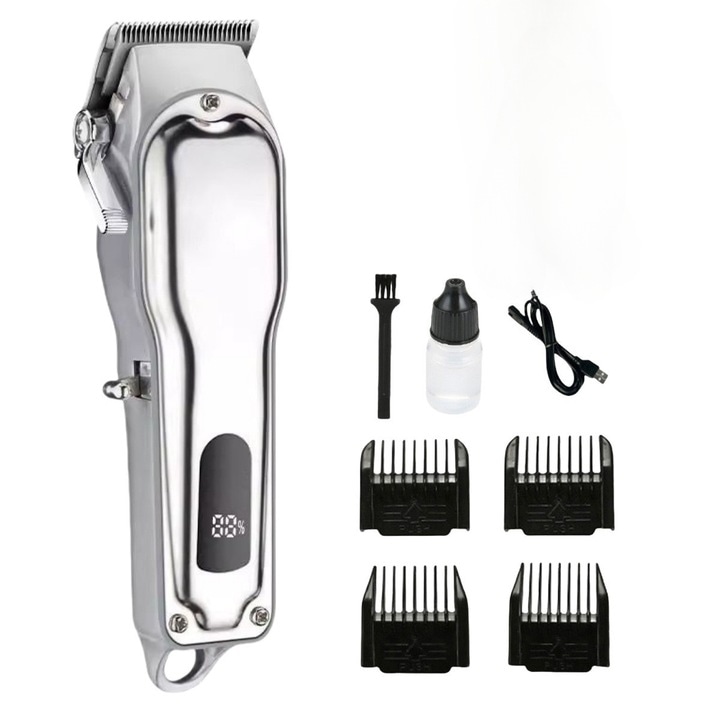 Masina de Tuns Universala Profesionala, 7000RPM, 2000mAh, Autonomie 150min, 2 Lame Metal, Display LED, Fara Fir, Silentioasa, Set Complett cu Accesorii