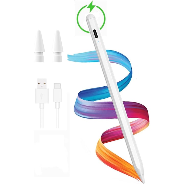 Stylus Profesional pentru iPad, Cu Suport pentru Presiune si Rejectare Palmei, Compatibil cu Toate Modelele iPad 2018-2025 (iPad Pro/Air/Mini), Incarcare USB-C, Magnetic, Alb