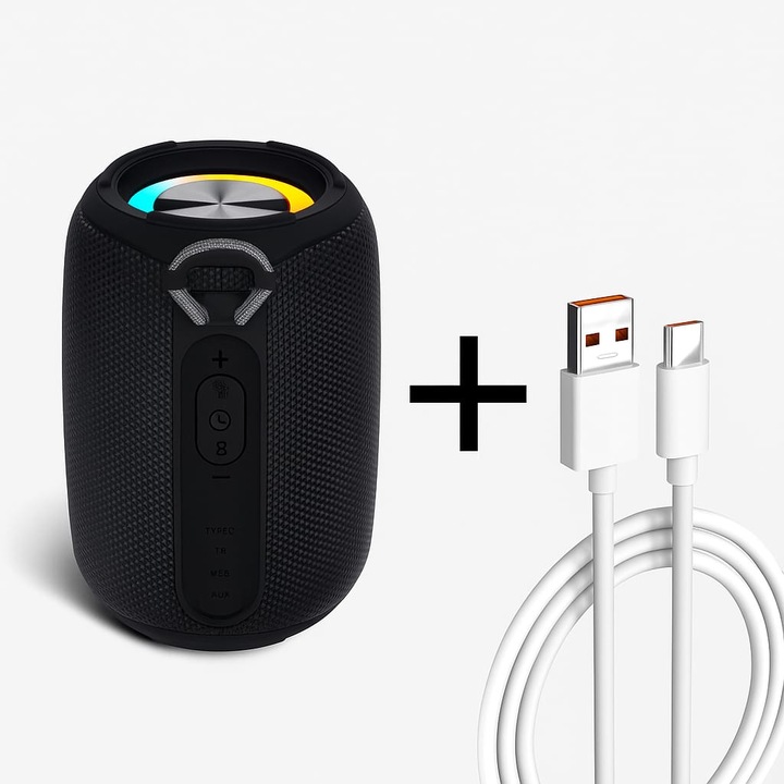 Boxa portabila Mini, extra cablu USB C cadou, Bluetooth 5.3, 2 Canale, Autonomie 13 h, Rezistenta la apa si la praf, IPX67, TYPE-C, 12W, Iluminare LED, Capacitate acumulator 1500 mAh, suport card de memorie, suport microfon incorporat, Negru