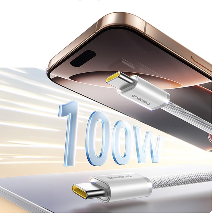 Cablu, Baseus, Dynamic 4 Pro, USB-C la USB-C, 100W, 1m, Alb, design magnetic auto-organizator