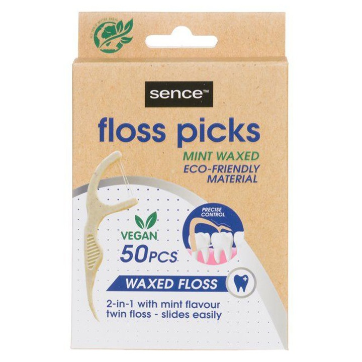 Ata dentara Sence, set 50 buc, cerata, aroma menta, cu scobitoare 2 in 1
