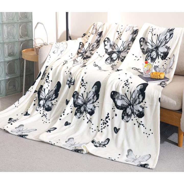 Patura Cocolino CHIRASO 200x230cm, Moale, Colorata si Pufoasa, pentru Pat Dublu, Model Fluturi, alb crem-negru